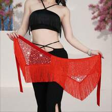 Women Belly Dance Hip Skirt Sequins Tassel Hip Wrap Scarf Ballroom Skirt Stage Show Mini Skirt Beach Vacation Party - 紅色 - 查看 4