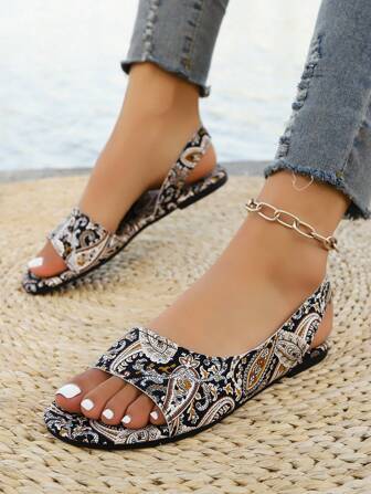 Boho Floral Print Flat Sandals With Ankle Strap, Slip-On Design For Beach, Casual, Fashion & Comfortable Leisure Wear For Women