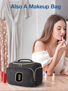 1pc Black Polyester Travel Toiletry Bag With Handle - Alphabet Pattern, Wet/Dry Separation, Machine Washable, Portable Makeup Organizer For Both Men & Women, Ideal Gift For Family & Friends, Daily Cosmetics Storage, Fashionable Makeup Case, Practical Design, Fabric, Must-Have For Frequent Travelers