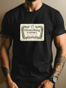 Camiseta negra para hombre "Hennything Is Possible", hombre nueva de verano casual de cuello redondo de puro algodón de 220 gramos con manga corta (1 pieza) - Negro - Ver 1