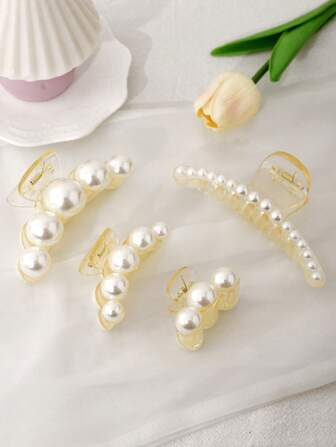 4pcs Elegant Minimalist Faux Pearl Hair Claw Clips Set, Non-Slip Strong Hold Plastic Hair Jaw Clips For Thick Hair, Middle Size, White Accessories Hair Accessories Fashion Hair Clips