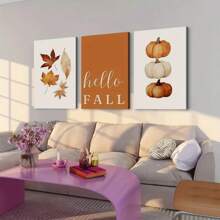 3 piezas Cuadros de arte de pared abstracto moderno de hojas de otoño y calabazas, pintura sobre lienzo vibrante para decoración de pared de otoño en el hogar