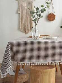 1/24 件日式紧凑型格子桌布，带流苏边，适合家庭、餐桌的长方形桌布 - 白卡色 - 查看 6
