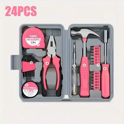 24 Piece Pink Household Tool Set For Home, Garage, Office And Student Accommodation Essential Home Improvement Crafts Band Kit Pink Household Tool Kit