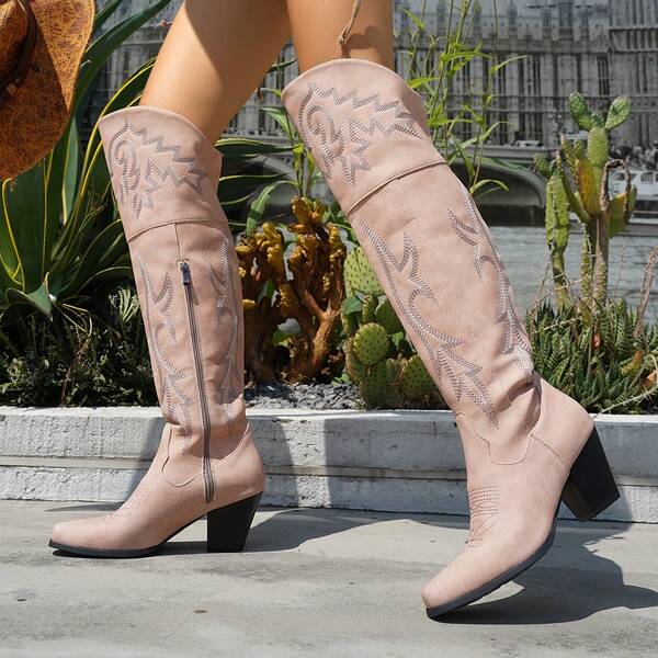Square Toe Chunky Heel Cowgirl Boots, Vintage Embroidered Knee-High Riding Boots