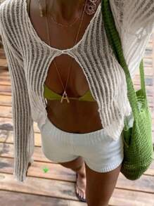 Suéter de punto informal con diseño calado para mujeres