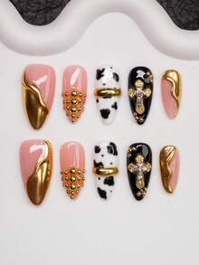 10Pcs/Set Almond-Shaped Handmade Press-On Nails, Y2K Babe Style, In Nude, Gold, Cream, Black Colors With French Tips, Steel Beads, Cross, Asymmetrical Metallic Liquid Elements. Suitable For Women And Girls, Works For Parties, Ceremonies, Daily Wear. Includes Tool Kit, Great Gift For Ladies And Girls. Nail Supplies Nails - Multicolor - View 1