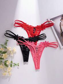 Set di 3 perizomi da donna in pizzo, con motivo floreale, ricamo traforato, rete, doppi sottili cinturini, vita bassa - Multicolore - Visualizzare 3