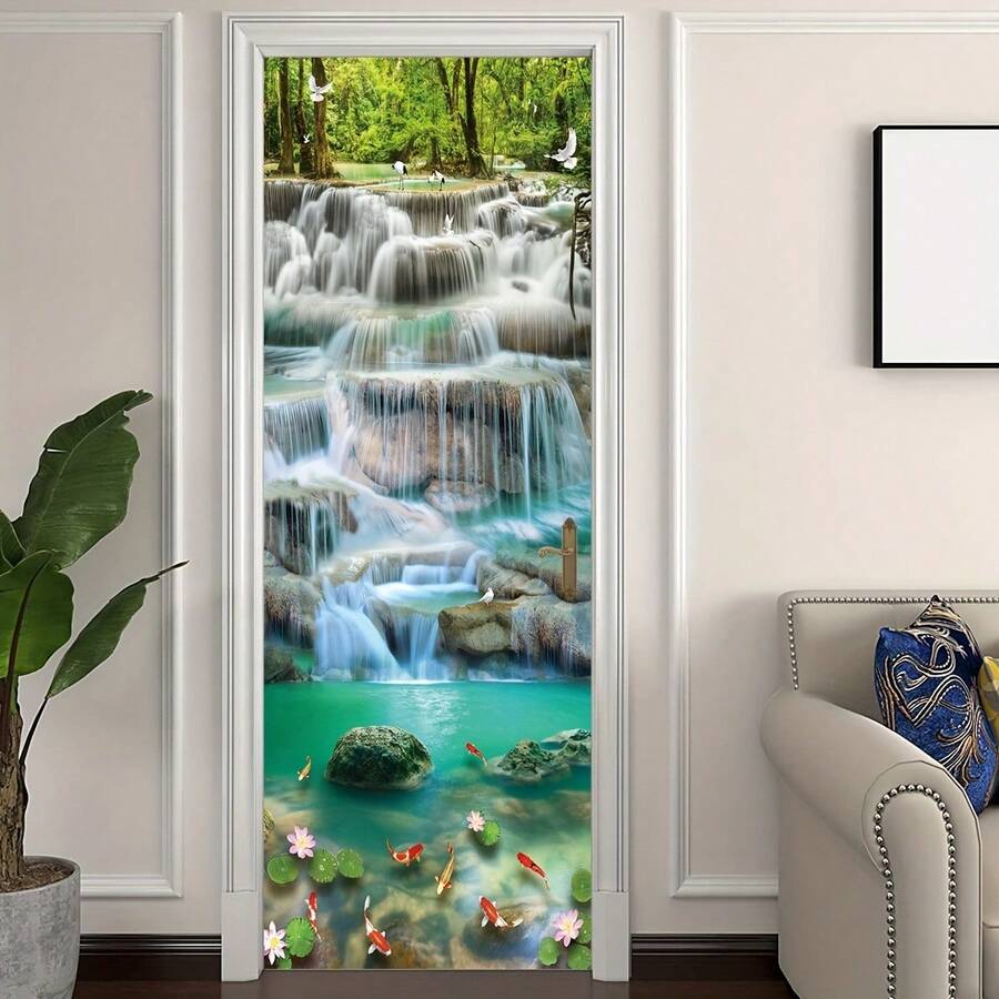 2 件瀑布风景即撕即贴壁纸，30.31 X 78.74 英寸，风景动物印花，适用于卧室、客厅、浴室的室内门装饰 - 彩色 - 查看 1