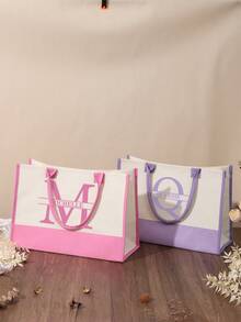 个性化定制姓名帆布沙滩手提包 首字母手提包 伴娘礼物手提包 定制沙滩包 女士礼物 A-Z-黑色/粉色/紫色