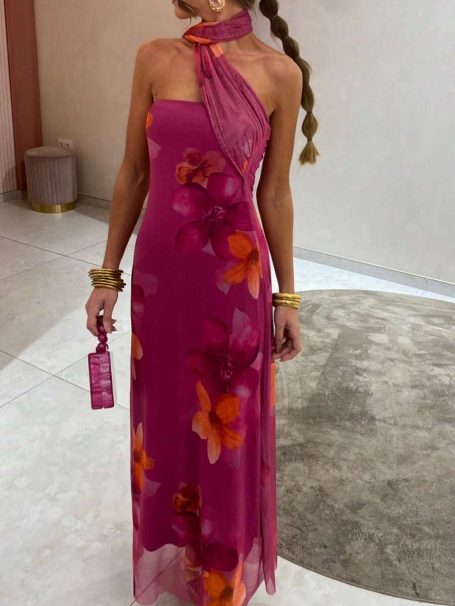 Women Summer Long Bandeau Dress Off Shoulder Halter Neck Floral Tube Top Dress - Màu đỏ tím - Xem 1
