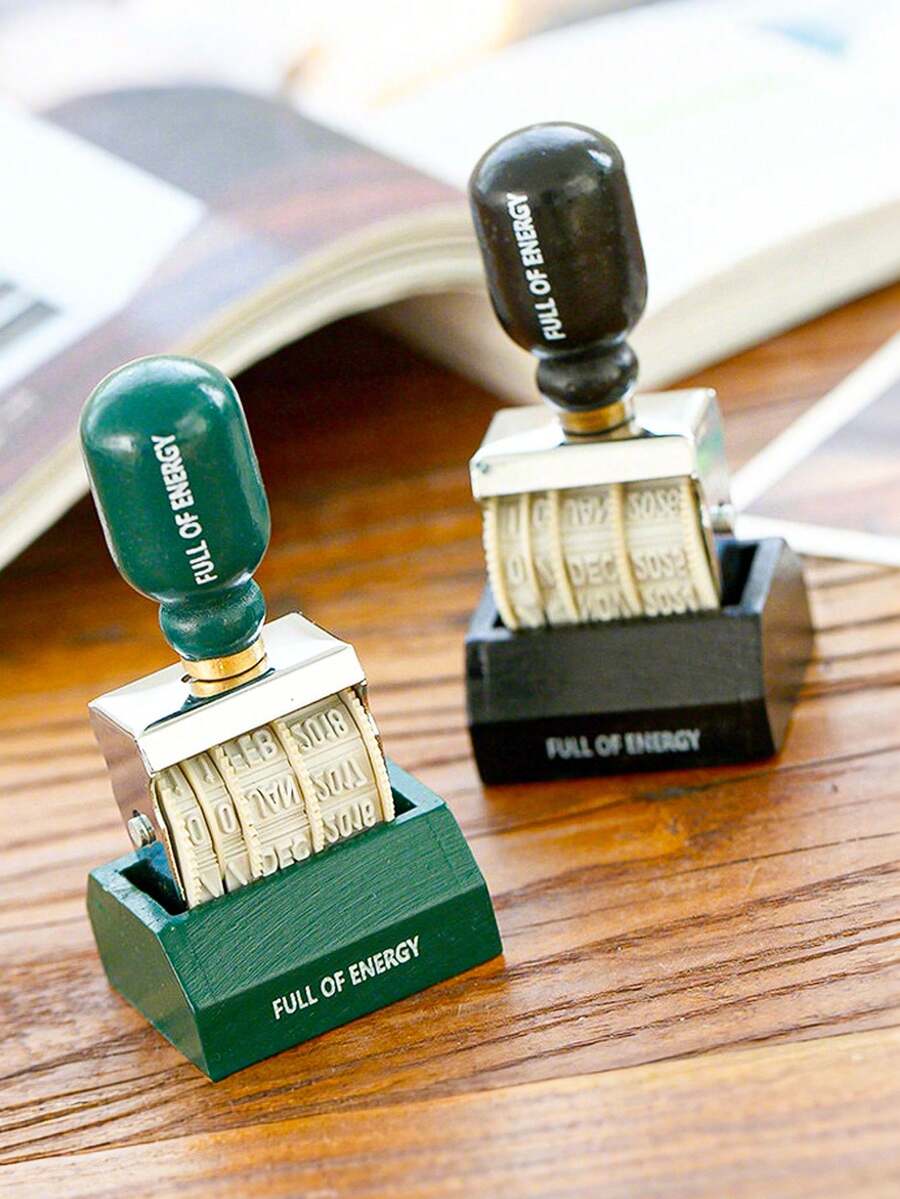 1 pieza Sello de fecha vintage, sello de madera con efecto de matasellos de estilo Zaka con base, herramienta de sello de perilla rodante DIY - sello - Ver 1