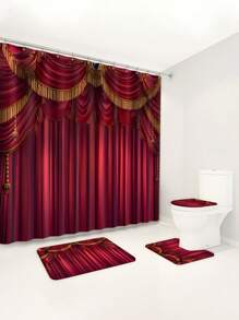 1pc/4pcs Luxurious Red European Noble Style Shower Curtain Set | Classical Luxury Romantic French Style Shower Curtain, Shower Curtain Fabric Bathroom Decoration Curtain With 12 Hooks, Non-Slip Bathroom Mat Toilet Mat Set, Bath Mat, Toilet Seat Mat, Non-Slip U-Shaped Mat, With Shower Curtain Hooks 12 Back To School