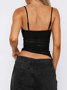 Women's Mesh Cami Tops Sleeveless Square Neck Solid Color Ruched Camisole Summer Tank Tops - Black - View 4