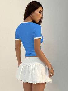 Áo thun nữ mùa hè cổ tròn tay ngắn in họa tiết phối màu tương phản, kiểu dáng thường ngày. - Xanh và Trắng - Xem 2