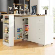 Flieks 360° Swivelling Bar Table On Castors, Breakfast Bar With 3 Drawers And Snack Rack, Multifunctional Storage, Innovative Kitchen Islands, Suitable For Dining Room, 138-209x39x106cm - White - View 4