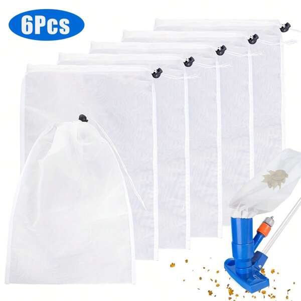 6Pcs Pool Vacuum Replacement Mesh Bags With Locking Cord Reusable Washable Pool Leaf Vacuum Net Bags For Pools, Ponds, Aquariums
