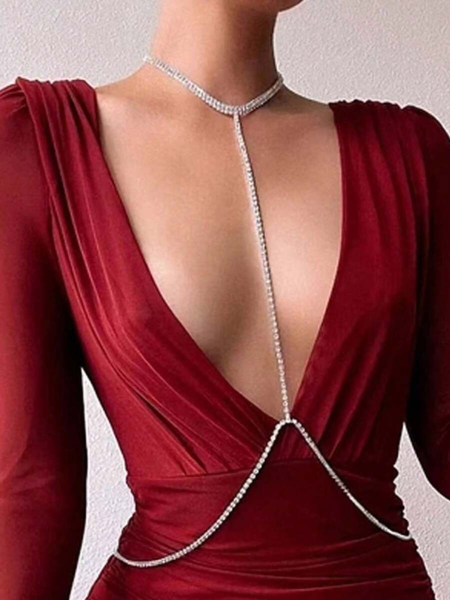 1pc Sexy Body Chain Necklace, Fashionable Rhinestone Jewelry For Bikini, Women - Silver - View 1