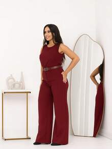 Women's Set Tank Top And Pants Tailored Simple Elegant Casual With Belt Pocket - 酒紅色 - 查看 2