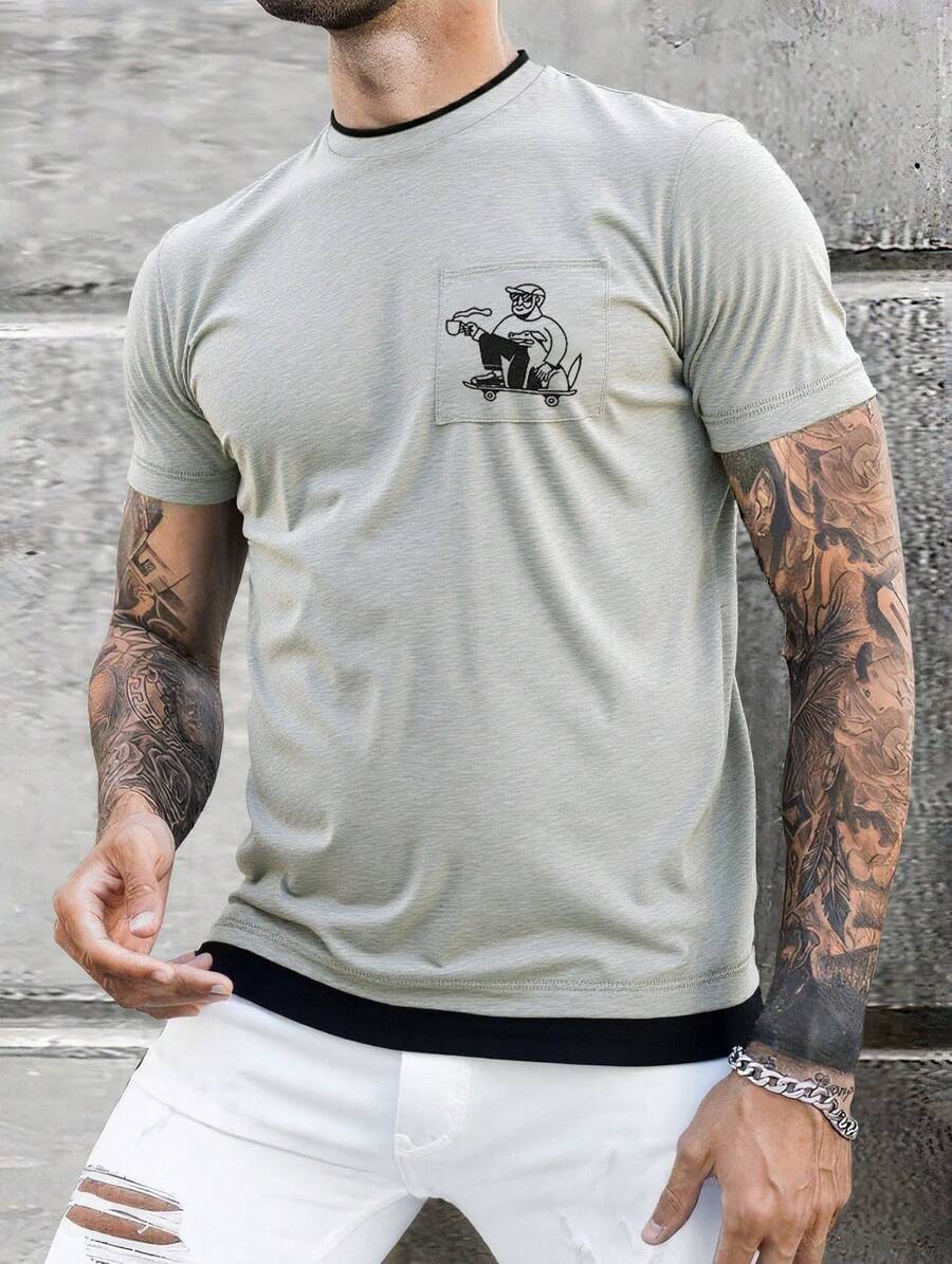 Playera casual de hombre con diseño divertido en el bolsillo, estilo relajado y cuello redondo, ideal para outfits modernos y urbanos Casual-Básico Verano Regular Casual - Gris - Ver 1