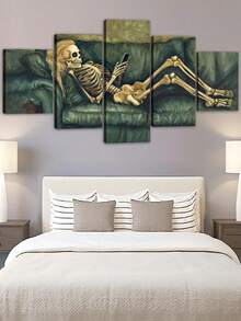 Juego de 5 piezas, Gran pintura al óleo moderna sobre lienzo con marco, El esqueleto recostado en el sofá verde, Arte de pared de calavera, Decoración de Halloween, Otoño, Para dormitorio, sala de estar, baño, gimnasio, estudio de yoga, decoración para el hogar - Multicolor - Ver 3