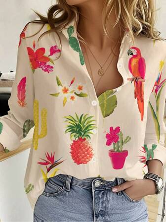 Women's Fashion New Single-Breasted Long Sleeve Parrot, Pineapple, Cactus & Feather Print Shirt