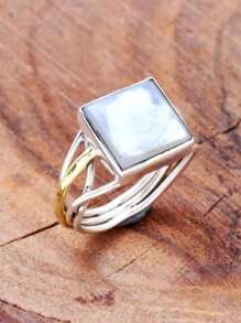 1 peça anel quadrado elegante de pedra da lua natural com enrolamento vazado, dourado de duas cores, com metal estilo boêmio, anel de duas cores para mulheres, adequado para várias atividades, ocasiões formais, combinação de roupas diárias