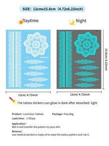 6 Sheets Blue Luminous Tattoo Stickers For Girls, White Lace Lotus Tattoos Mandala Flower Fake Jewelry Pendant Pattern, Glow In The Dark Waterproof Fake Tattoos For Arm Neck Hand Back Finger, Wedding Music Festival Party Supplies