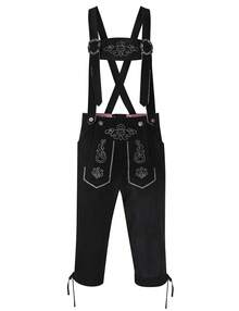 Men's Stylish Embroidery Strap Pants Vintage Faux Fleece Party Dress Pants German Bavarian Oktoberfest Lederhosen Trousers Costume - 黑色 - 查看 1