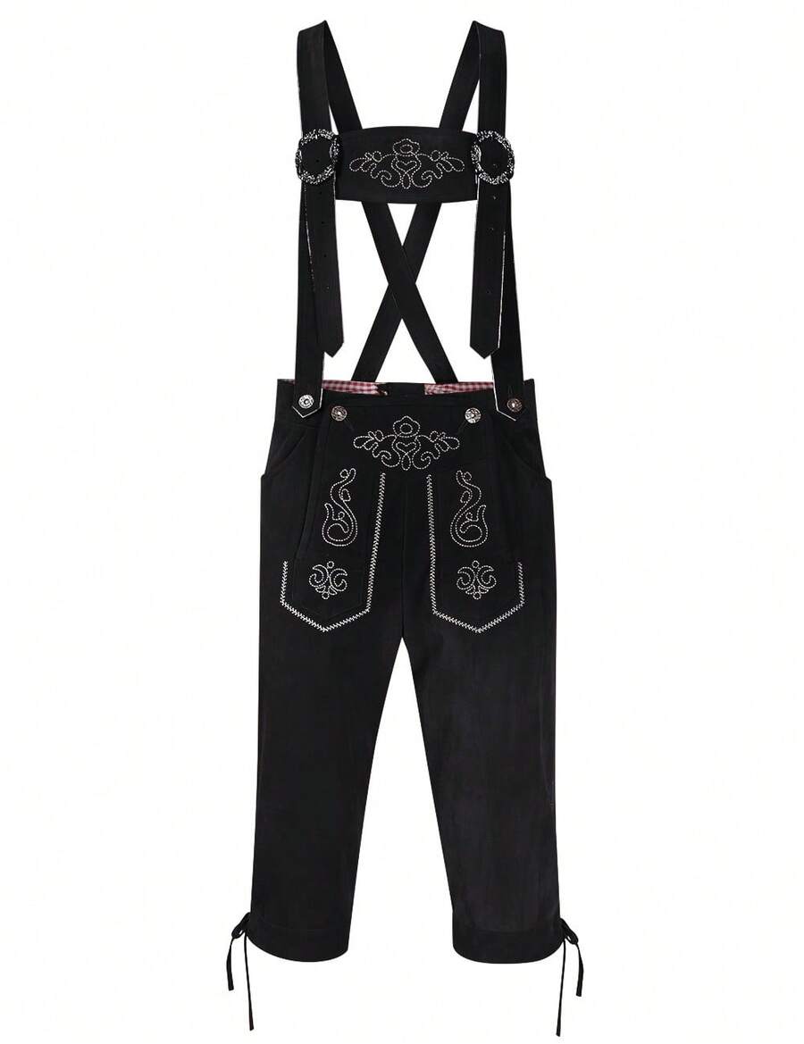 Men's Stylish Embroidery Strap Pants Vintage Faux Fleece Party Dress Pants German Bavarian Oktoberfest Lederhosen Trousers Costume - 黑色 - 查看 1