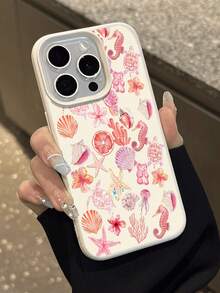 1pc Pink Watercolor Starfish & Shell Pattern Waterproof Anti-Fall Anti-Slip Soft Protective Phone Case Compatible With Apple Phones,International Version, Not The Domestic Version - Multicolor - View 4