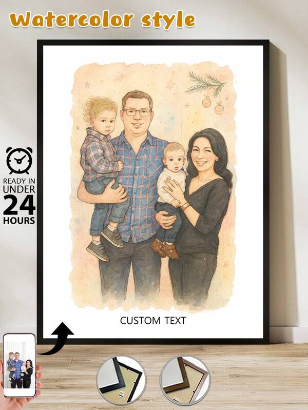 1 Pc, Framed, Custom Canvas Painting, Customized Photo Portraits, Watercolor Paintings, HD Printing, Preserving Memories, Saving Beautiful Moments, Birthday Party, Anniversary, Unique Perfect Art Gift