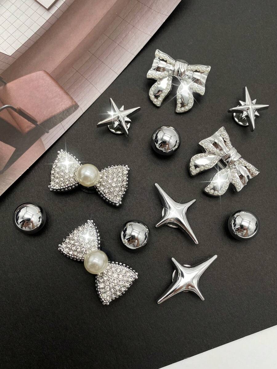 12 件银色 ABS 珍珠蝴蝶结星形时尚 DIY 鞋饰，可拆卸配件，适用于凉鞋、拖鞋、花园鞋、派对礼物