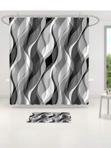 4pcs/Set Modern Abstract Wave White & Gray Striped Shower Curtain Set, Waterproof Shower Curtain With 12 Hooks, Bathroom Non-Slip Mat, U-Shaped Toilet Mat And Round Toilet Lid Cover, Bathroom Set For Full Scene Use Back To School