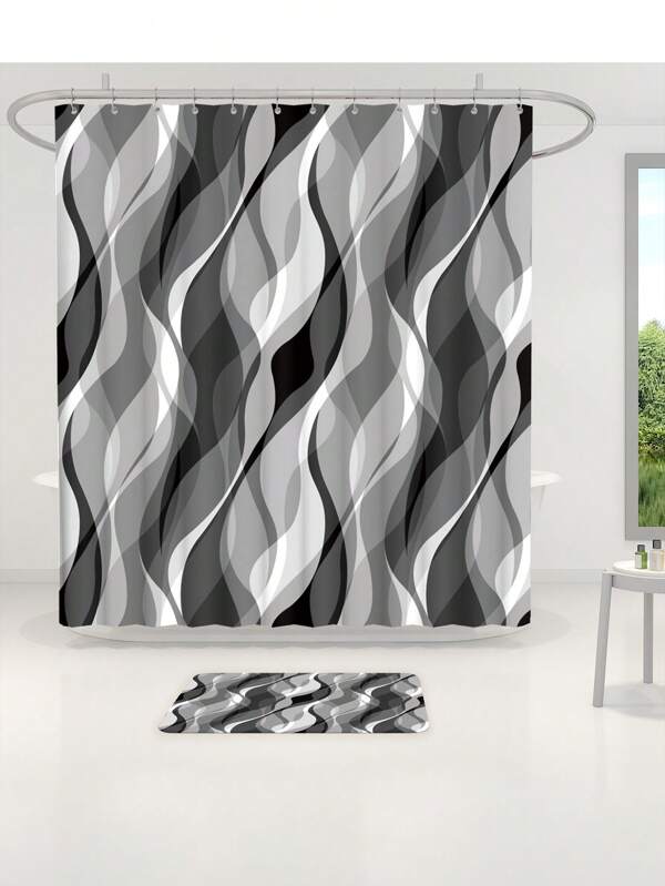 4pcs/Set Modern Abstract Wave White & Gray Striped Shower Curtain Set, Waterproof Shower Curtain With 12 Hooks, Bathroom Non-Slip Mat, U-Shaped Toilet Mat And Round Toilet Lid Cover, Bathroom Set For Full Scene Use Back To School