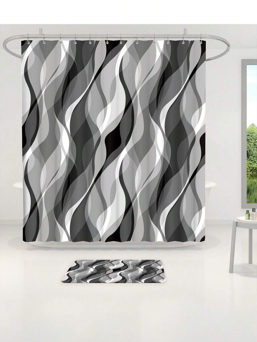 4pcs/Set Modern Abstract Wave White & Gray Striped Shower Curtain Set, Waterproof Shower Curtain With 12 Hooks, Bathroom Non-Slip Mat, U-Shaped Toilet Mat And Round Toilet Lid Cover, Bathroom Set For Full Scene Use Back To School