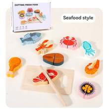幼儿木制玩具食物，带魔术贴的水果食物切割套装，适合3-7岁男孩女孩的过家家厨房玩具配件 - 彩色 - 查看 9