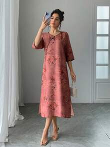 Women's V-Neck Flower Retro Print Cheongsam Dress, Loose Fit Half Sleeve Qipao Style Chinese Dress, For Holidays, Parties, New Year, Vacation