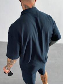 Men's Drop Shoulder Shirt, 100% Cotton Short Sleeve Shirt, Solid Color Loose Fit Turndown Collar Shirt, Breathable Business Casual Office Wear, Vacation Casual Gift, Gift For Dad, Retro Black Shirt