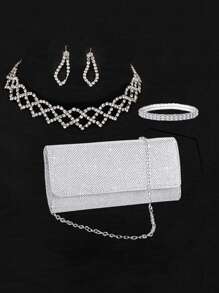 4 Peças Conjunto de Acessórios Femininos Versáteis e Elegantes, Bolsa Clutch, Bolsa de Ombro com Corrente, Colar Rendado com Strass, Brincos e Pulseira, Conjunto de Joias para Festas