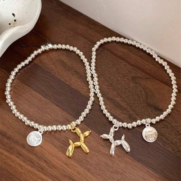 Niedlicher Ballon-Hund 925er Sterling Silber Armband, elastisches Seil rundes Charm Design personalisiertes Armband für Frauen