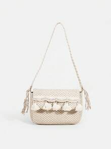 2025 夏季波西米亚风编织流苏女士包，米色编织肩带休闲单肩包，时尚海滩度假草编包 - 彩色 - 查看 1