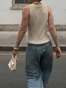 Modische Damen Oversize Lässig Chic Süß Glänzend Strukturierte Asymmetrischer Saum Rundhals Ärmellos Strick Top, Damen Sommer Urlaub