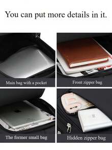 校园风多隔层字母印花尼龙双肩包男士钱包，可装15.6英寸商务笔记本电脑，多口袋轻便书包，大容量旅行包，便捷通勤日用包，多功能书包 - 黑色 - 查看 4