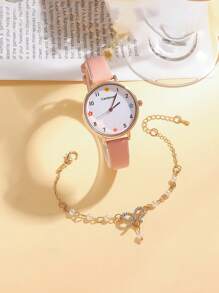 Set de 2 piezas: Reloj de cuarzo con esfera redonda y números árabes minimalista + pulsera con forma de mariposa, adecuado para regalo de cumpleaños, uso diario, etc. (sin caja)