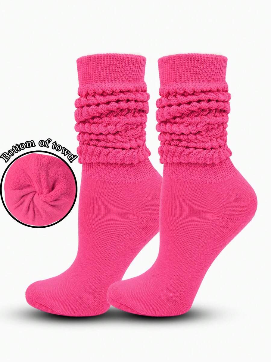 1 Pair Women's Mid-Calf/Knee High Slouch Socks, Solid Color Warm Socks, Cozy - Hot Pink - View 1