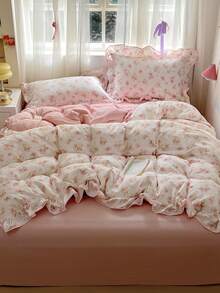 1 Set Pink Rose Ditsy Floral Duvet Cover 3 Pieces Set, Soft Wrinkle Fabric With Ditsy Floral Lace Trim, Romantic Decoration For Women Bedroom, Gift For Valentine's Day (1 Duvet Cover + 2 Pillowcases), Pillow Covers Are Random Cut Patterns - Hồng - Xem 6