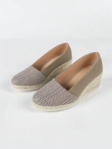 Zapatos de plataforma con cuña, nueva colección 2025, de punta redonda, tejido, deslizamiento, tacón alto, de lino, planos, de estilo de vacaciones cómodos y de moda - Caqui - Ver 8