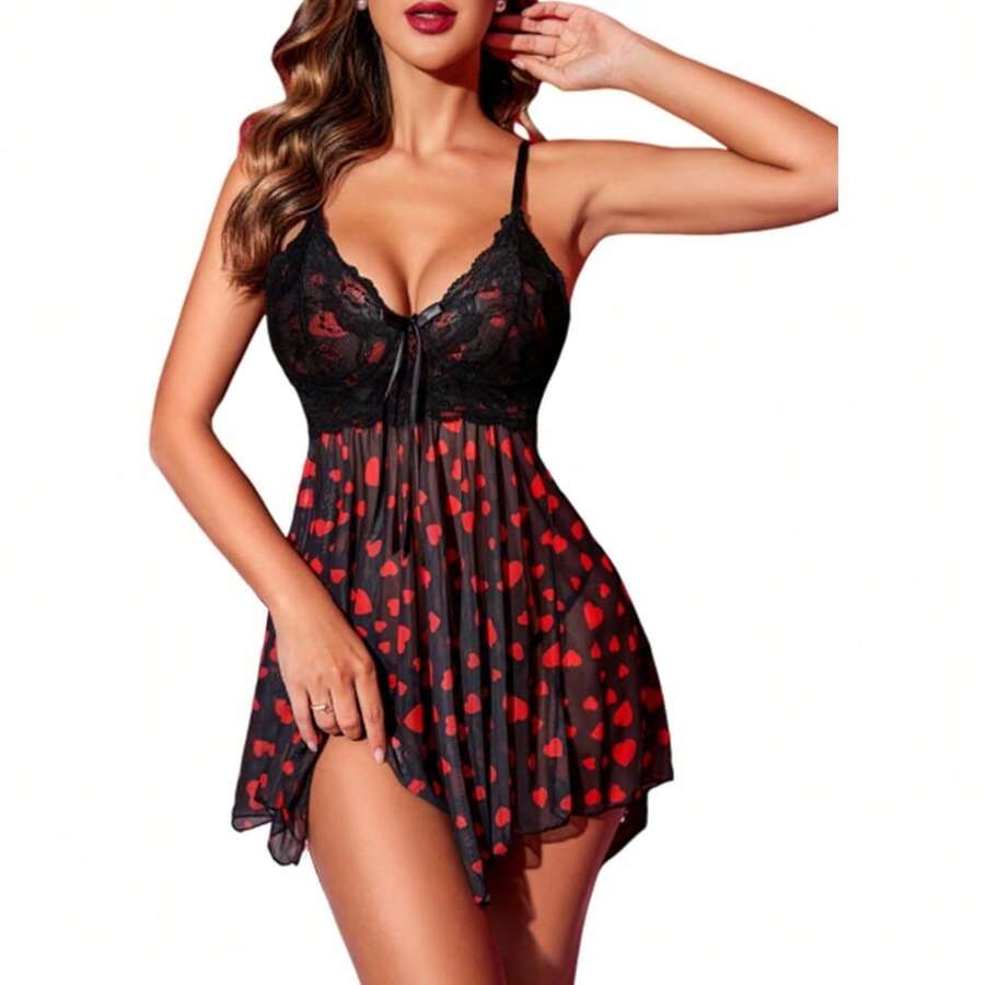 Women Lingerie Lace Babydoll Mesh Nightgown Chemise Boudoir Nighty Sleepwear - Red Heart - 查看 1
