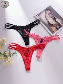 Set di 3 perizomi da donna in pizzo, con motivo floreale, ricamo traforato, rete, doppi sottili cinturini, vita bassa - Multicolore - Visualizzare 4